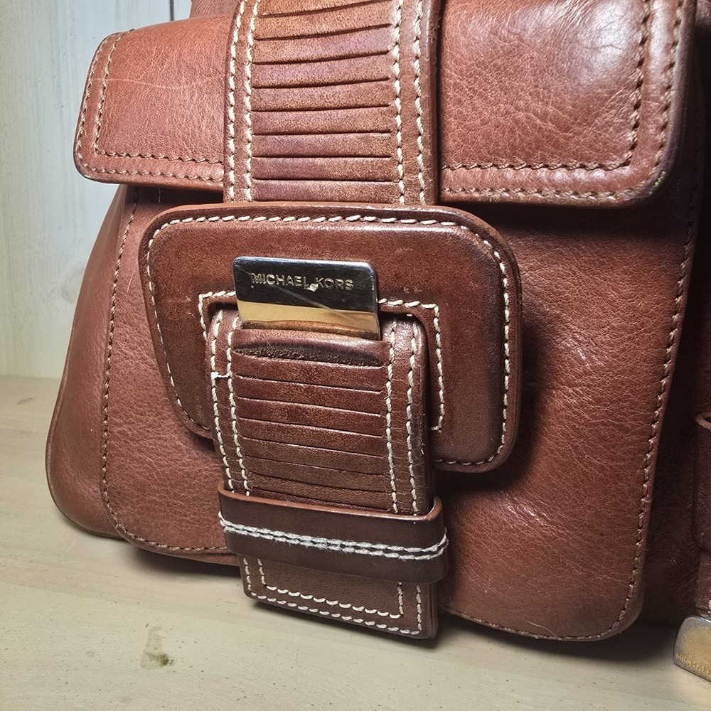 Vtg Michael Kors Double Pocket Buckle Whipstitch Leather Brown Hand Shoulder Bag - Picture 3 of 10